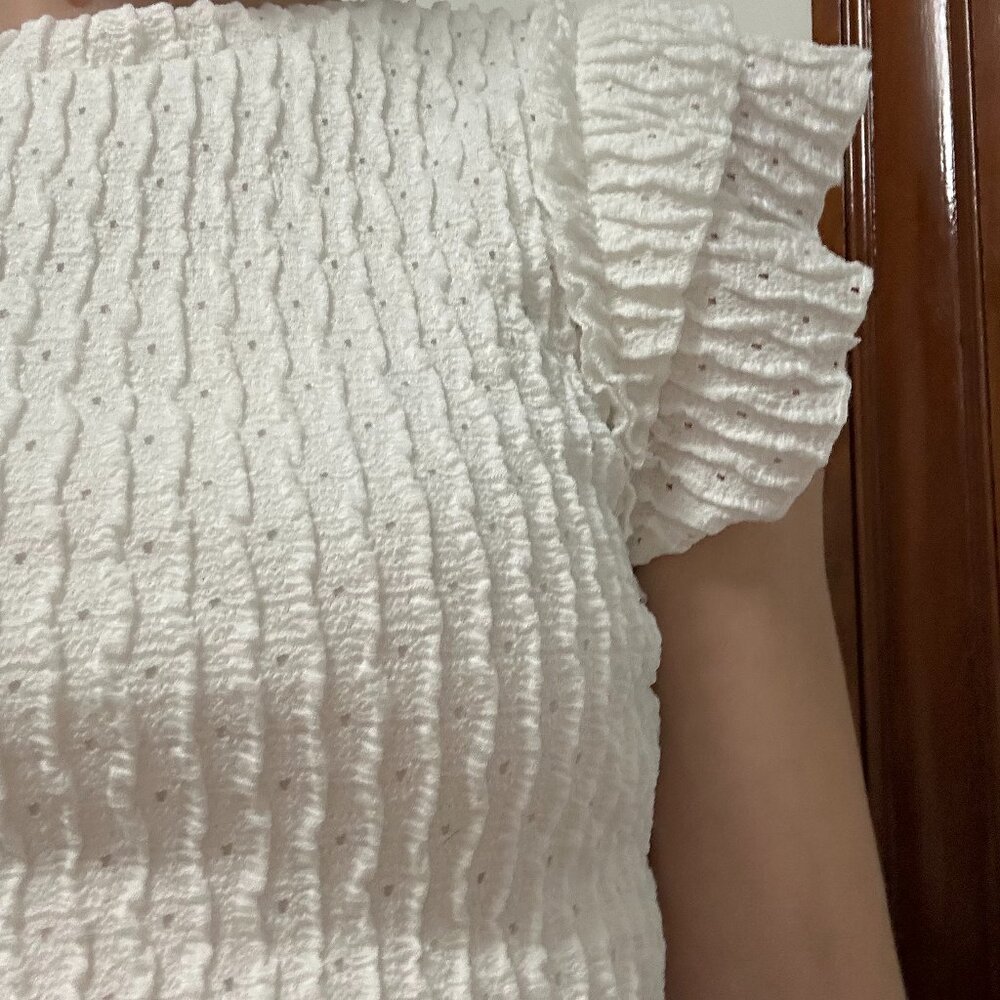 White Textured Ruffle Sleeve Top - Lightweight & Feminie
